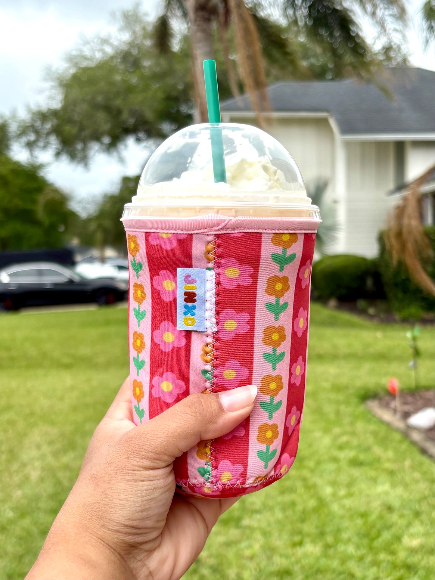 Orange and Pink Flower Stripes Insulated Coffee Sleeves